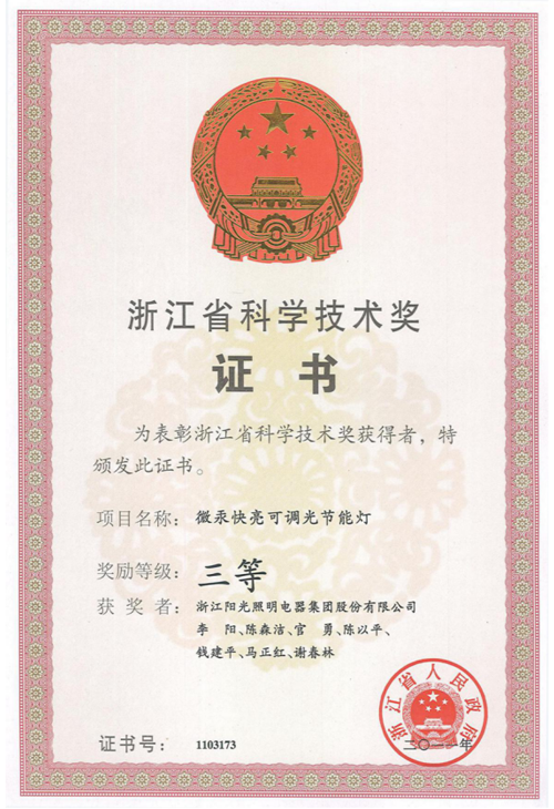 浙江省科学技术进步三等奖证书